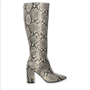 Knee high snake print heeled boots